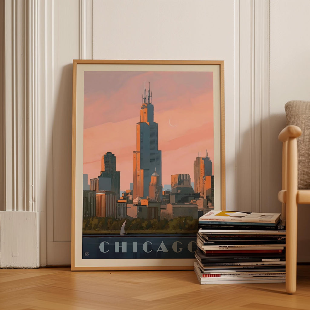 Chicago Vintage Travel Poster, Premium Giclee Fine Prints - Modern Aesthetic Wall Decoration, Eclectic Trendy Boho