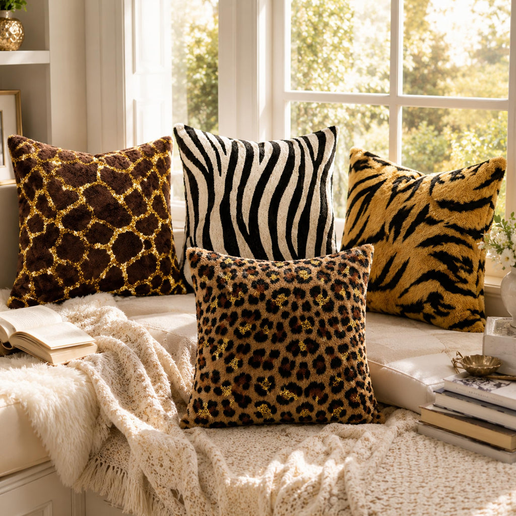 Animal Print Pillow Covers Set of 4 Brown Jungle Animal Throw Pillows Tan Faux Fur Room Decor Man Masculine Pillow