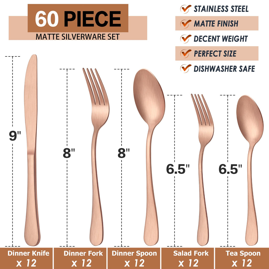 60 Piece Matte Copper Silverware Set for 12, Stainless Steel Cutlery