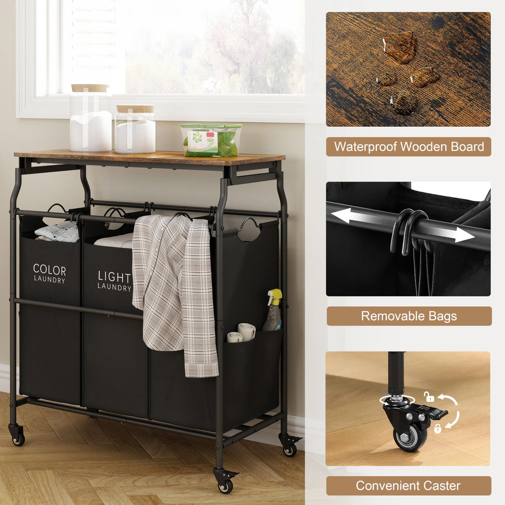 3 Section Laundry Sorter with Ironing Board, Laundry Hamper, Black