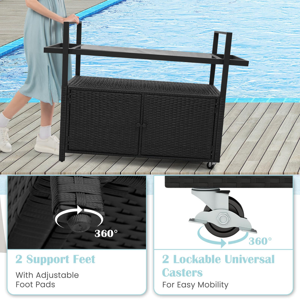Wicker Rolling Outdoor Bar Cart with Tempered Glass Table, Black