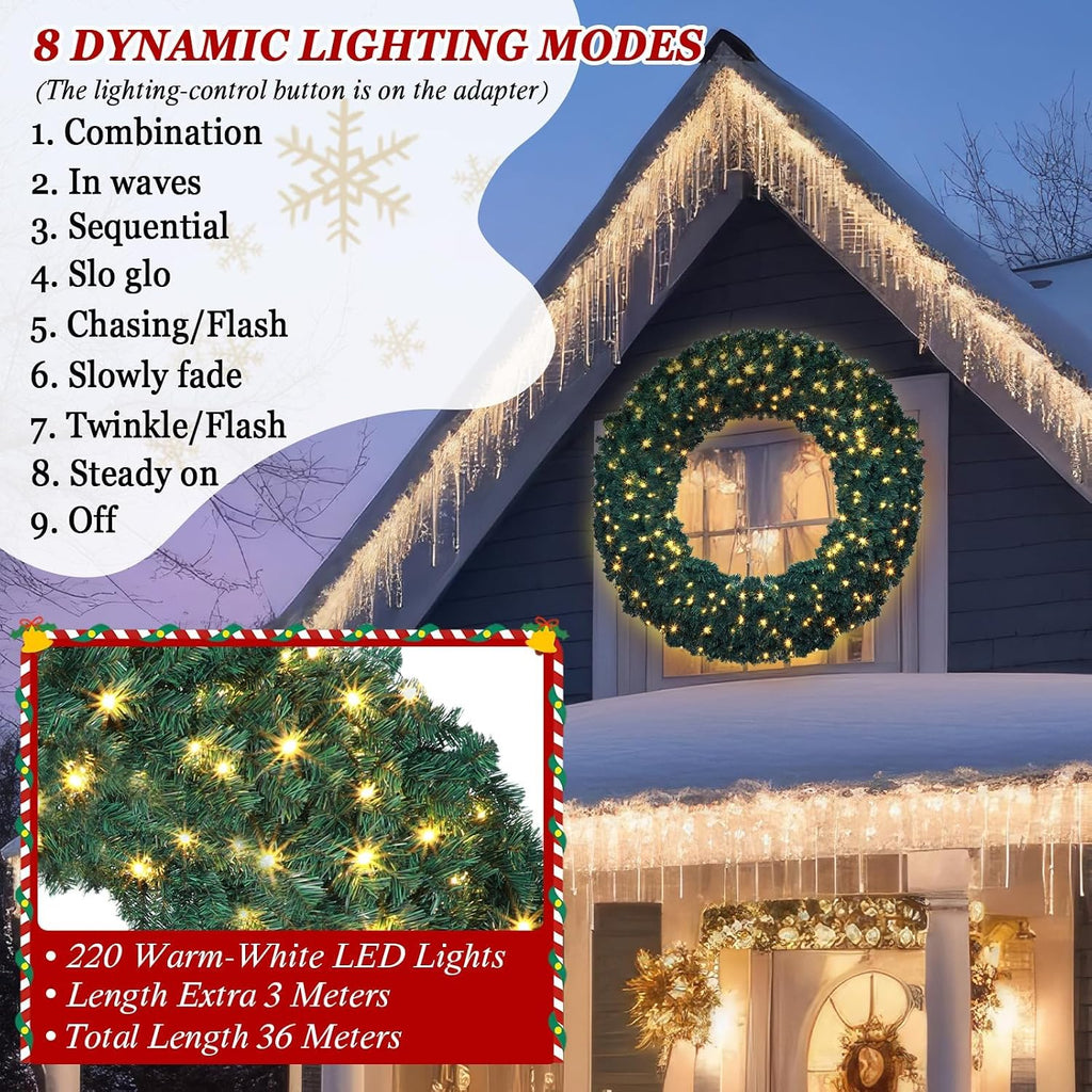 60 Inch Large Prelit Christmas Wreath with 300 Warm White String Lights 8 Lighting Modes Artificial Outdoor Indoor