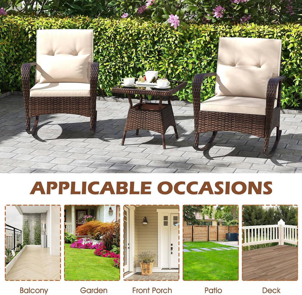 Outdoor Rocking Chairs Set of 2, 3 Piece PE Wicker Patio Bistro Set | Coffee Table & Thick Cushions, Rattan Patio