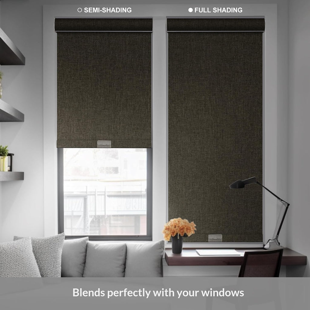 Blackout Roller Shades for Indoor Windows, Pull Down Roller Blinds Cordless, Linen Fabric, Thermal Insulated UV