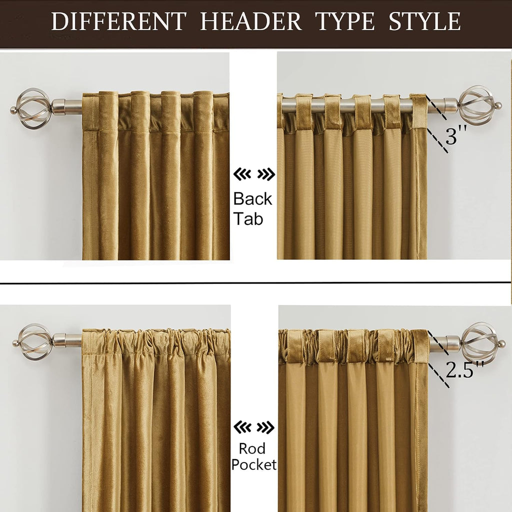 100% Blackout Gold Velvet Curtains 84 inch Long,Elegant 2 Panels Back Tab Thermal Insulated Room Darkening Curtain
