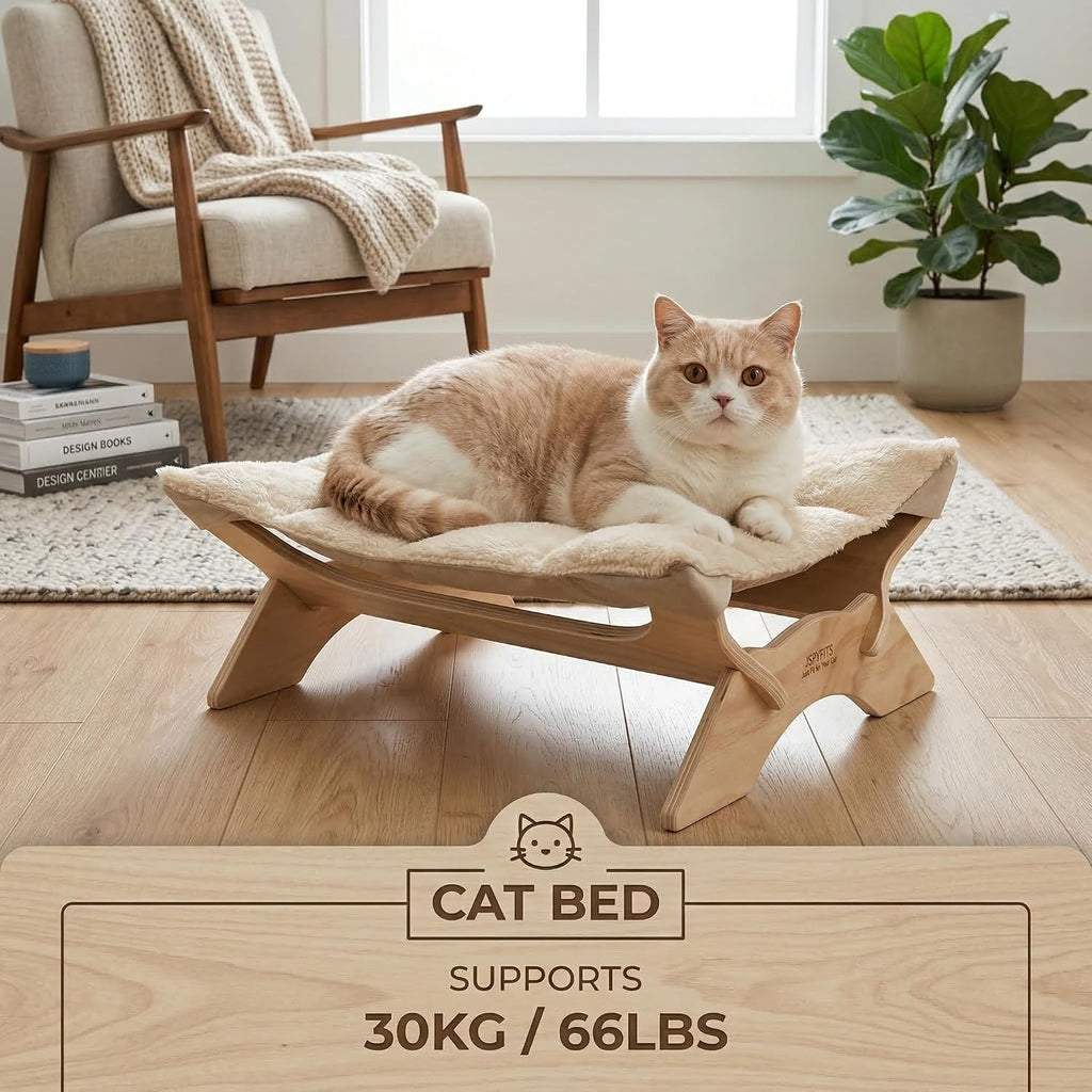 Elevated Cat Bed Hammock, Raised Cat Bed with Dual-Sided Plush & Linen Cushion, Machine Washable & Breathable Cover
