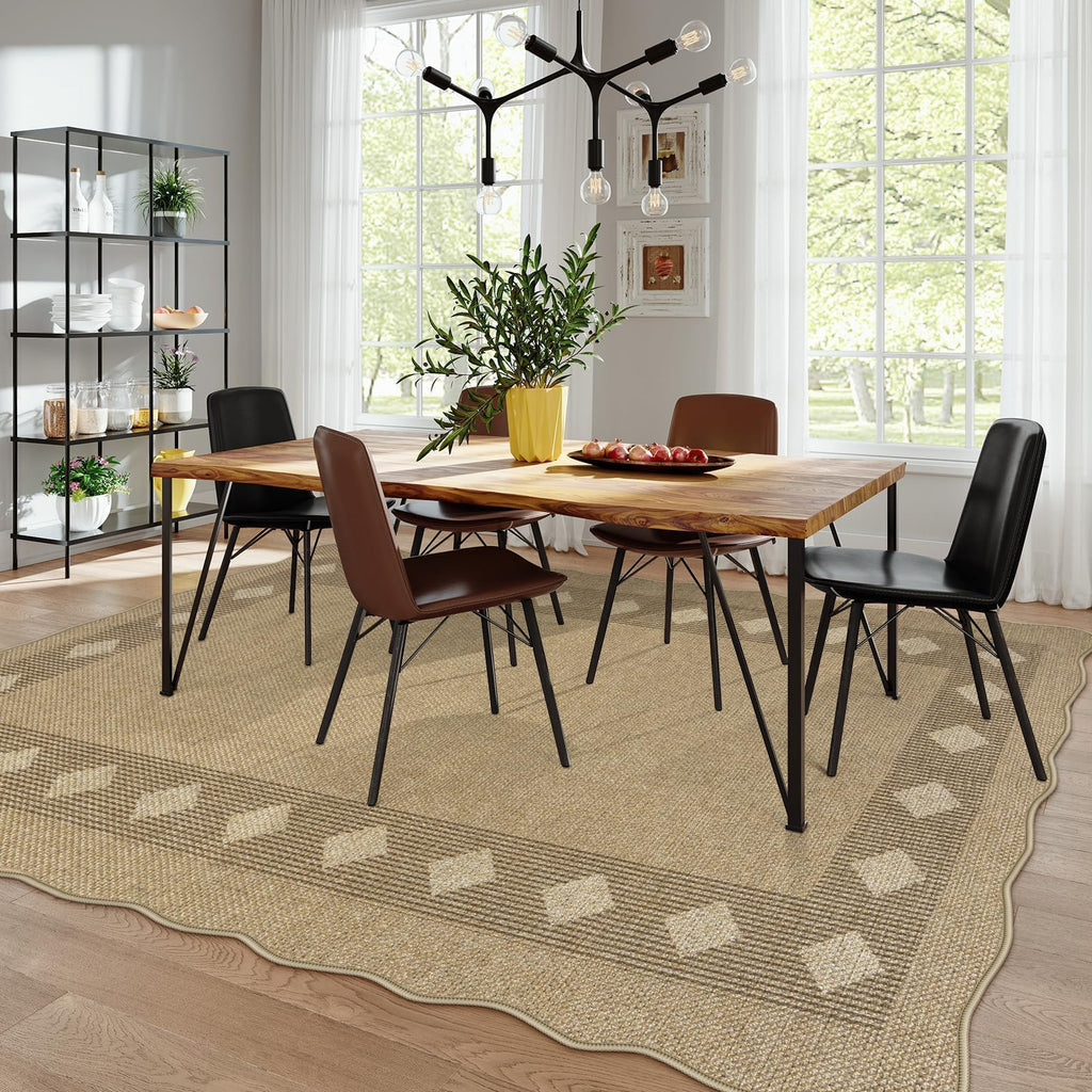 Scalloped Easy Jute Diamond Outdoor Rug Living Room, Washable 8x10 Farmhouse Tan Rug, Geometric Checkered Indoor