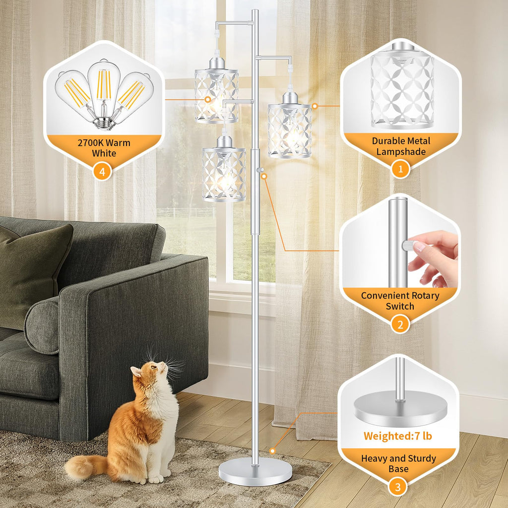 72" Modern Tree Floor Lamp, Dimmable Minimalist Tall Standing Lamp with Metal Cages & Rotary Dimmer Knob, Corner