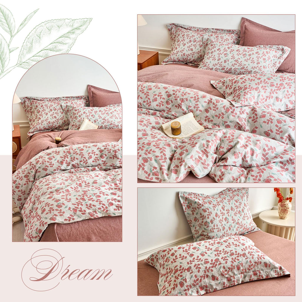 100% Washed Cotton Duvet Cover Set Vintage Red Floral Jacquard Texture Comforter Cover with 2 Pillowcases Boho