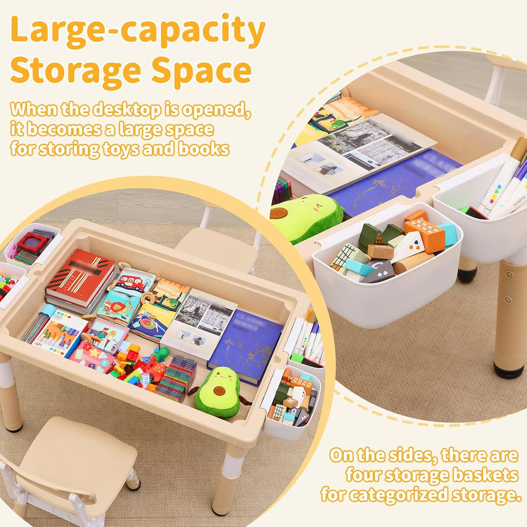 4 in 1 Kids Table and 2 Chairs Set, Large Storage Toddler Table and Chair Set with 4 Side Box, Graffiti/Building