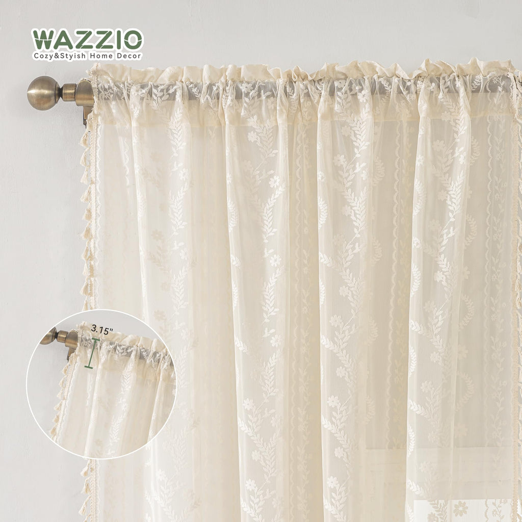 Boho Lace Curtains 2 Panels 80 Inches -Cute Vintage Victorian Sheer Panel Drape French Country Floral Pattern &