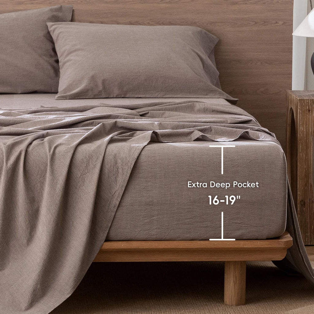 Fitted Sheet Only Washed Cotton Linen-Like Extra Deep Pocket King
