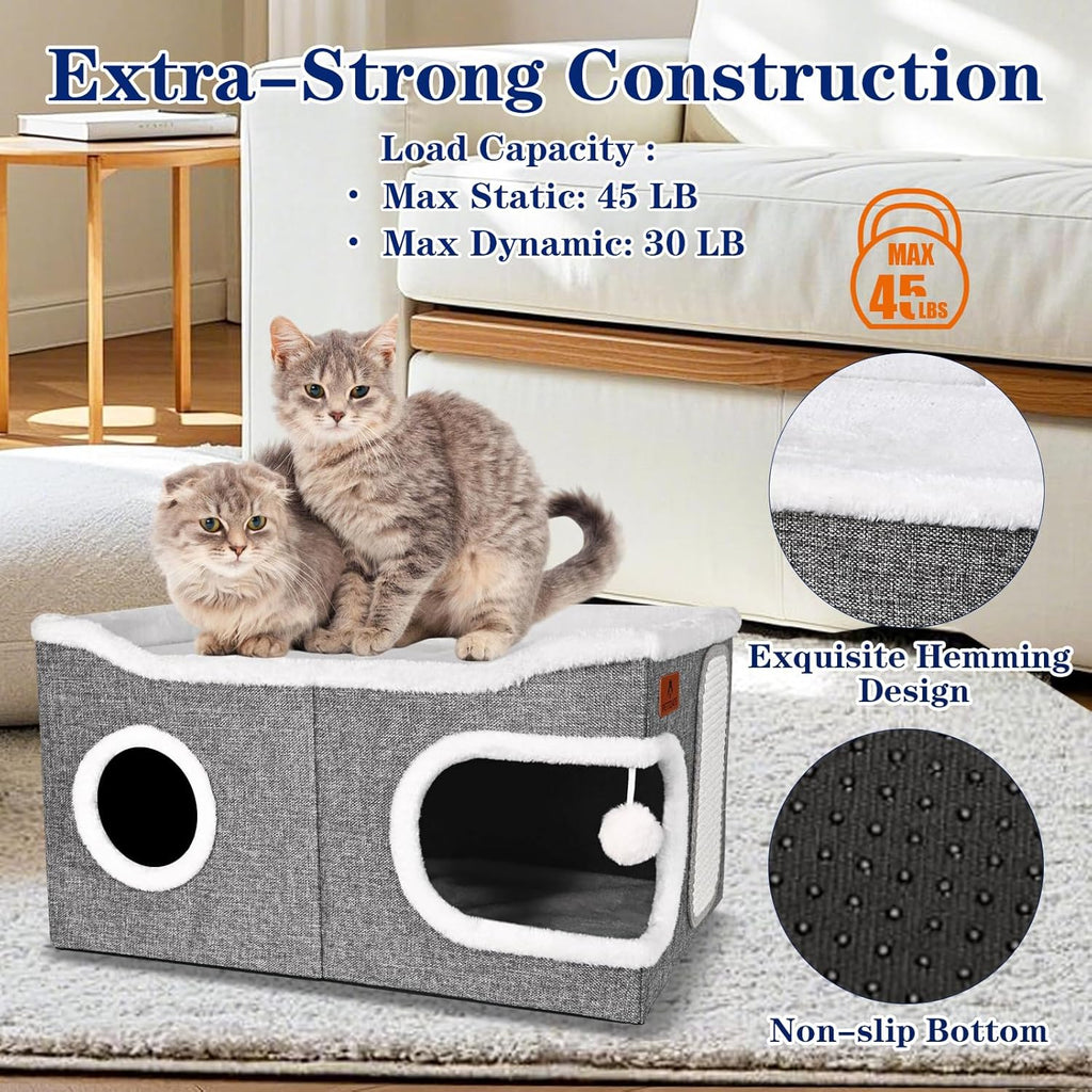 Extra Large Cat Beds for Indoor Cats, Covered Cat Cave Beds & Furniture with Scratch Pad and Fluffy Ball, Foldable