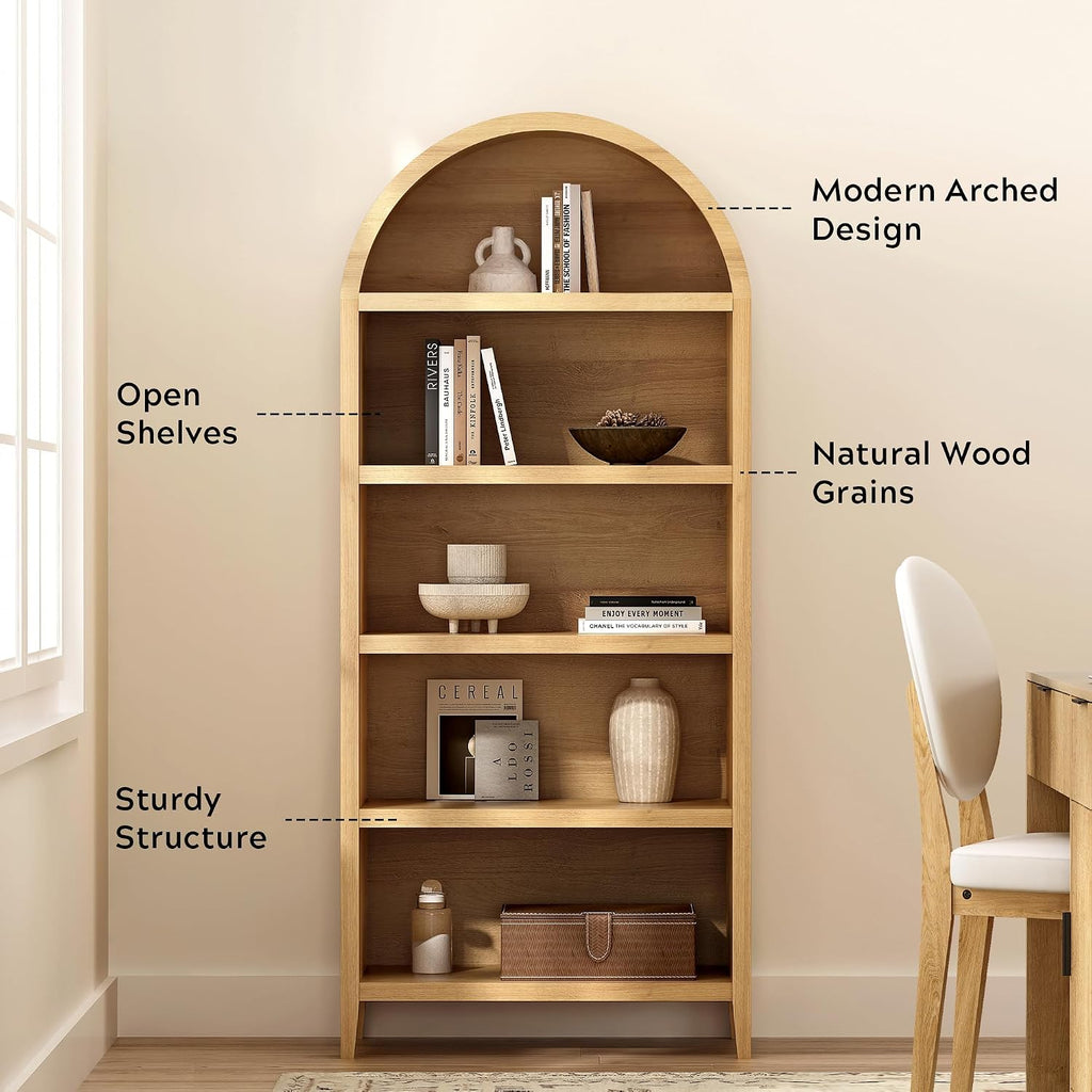 5 Tier Arched Bookshelf, 71" Tall Bookcase with Adjustable Shelves Wood Storage Cabinet Freestanding Display Kitchen