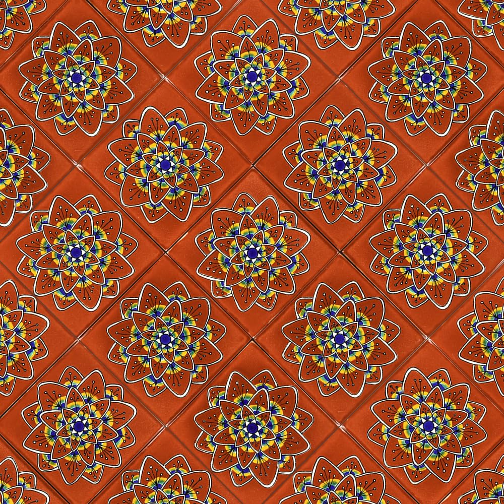 Box of 45-41⁄4 x 41⁄4 Terra Cotta Peacock Flower - Talavera Mexican Ceramic Tiles