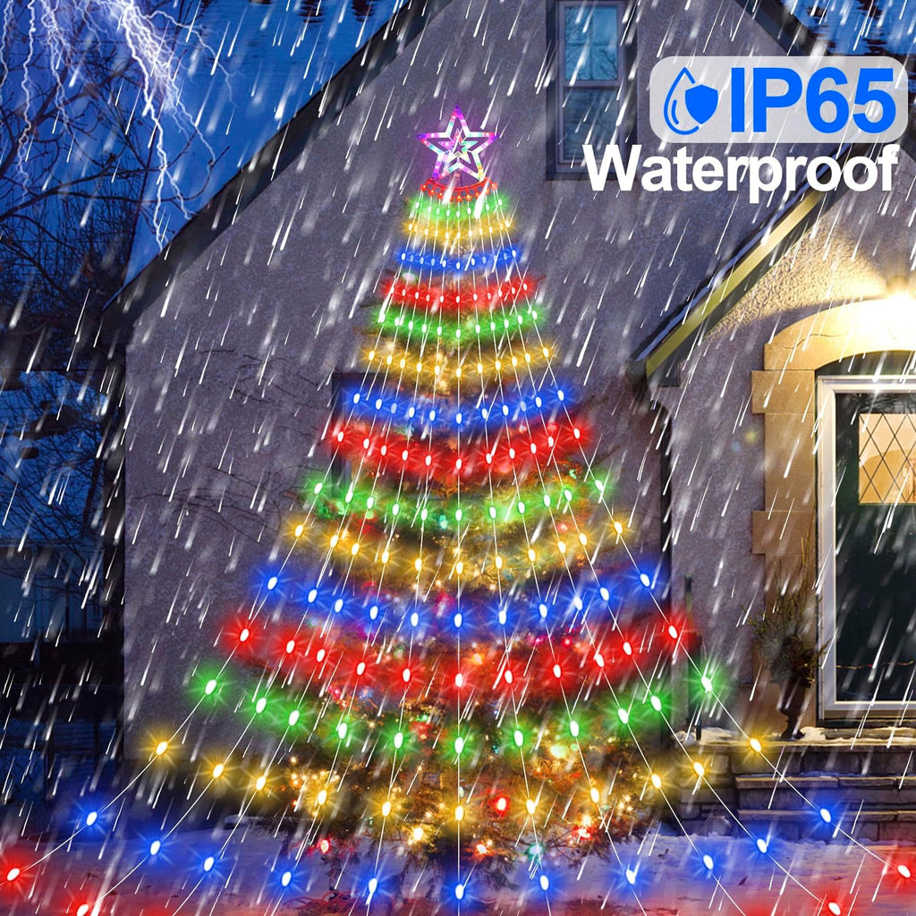 Christmas Star Waterfall Tree Lights - 23ft 11 Strand 818 LED Outdoor Decorations With 8 Modes Timer Remote - Plug-in