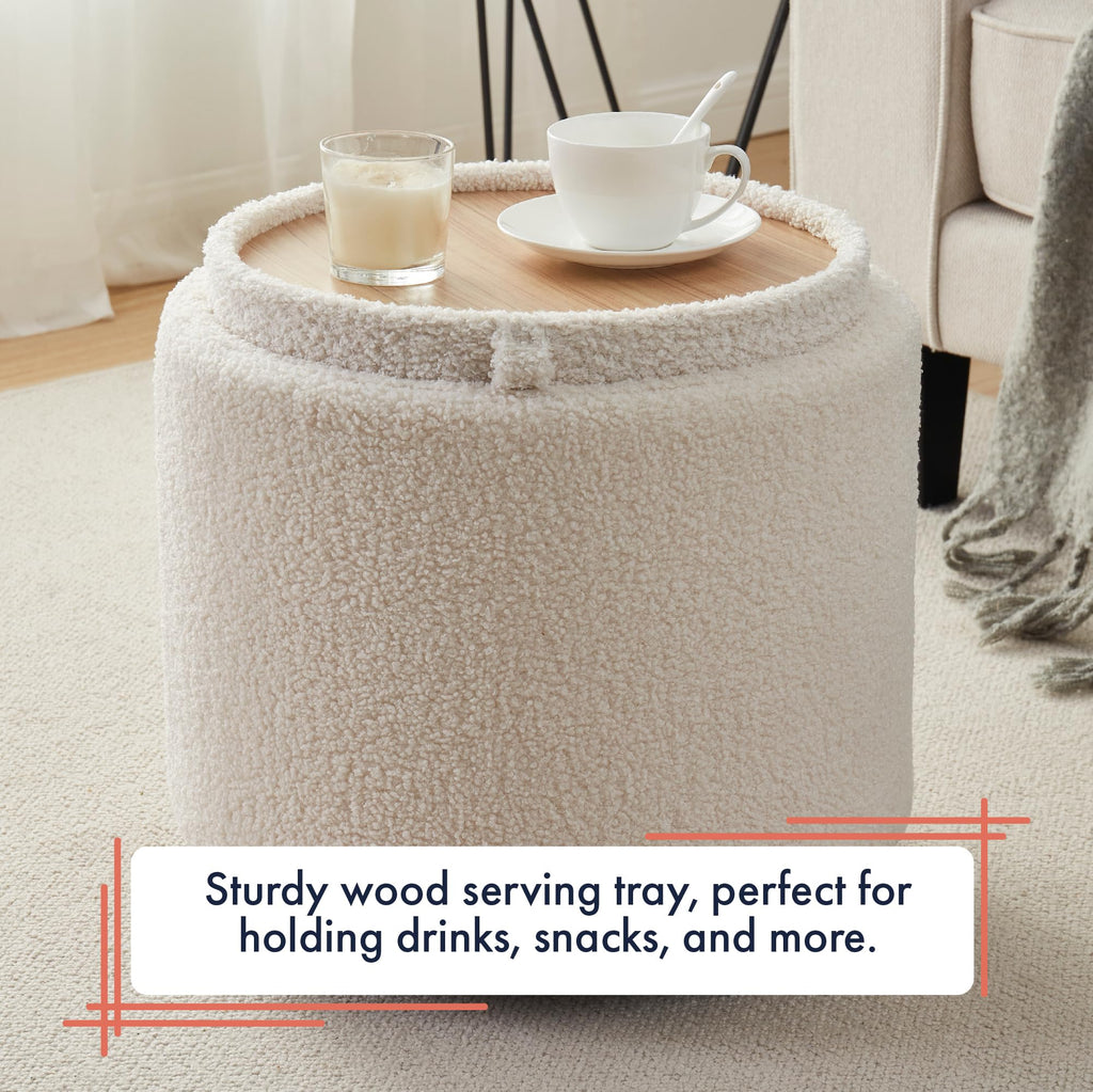 17" Round Storage Ottoman with Tray Top, Boucle Fabric, White
