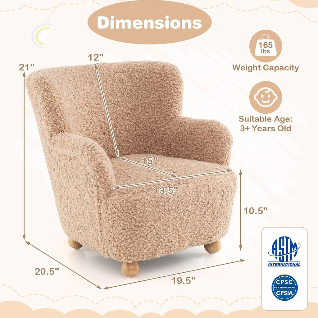 Comfy Toddler Chair, Sherpa Kids Armchair with Rubber Wood Legs, Children Reading Chair for Boys & Girls, Upholstered