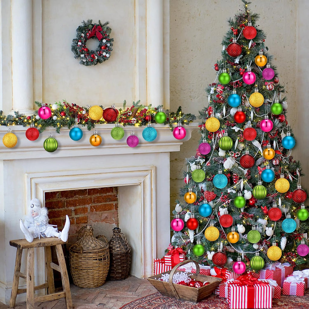 Neon Christmas Ball Ornaments Shiny Bright Multicolor Baubles - Set of 64