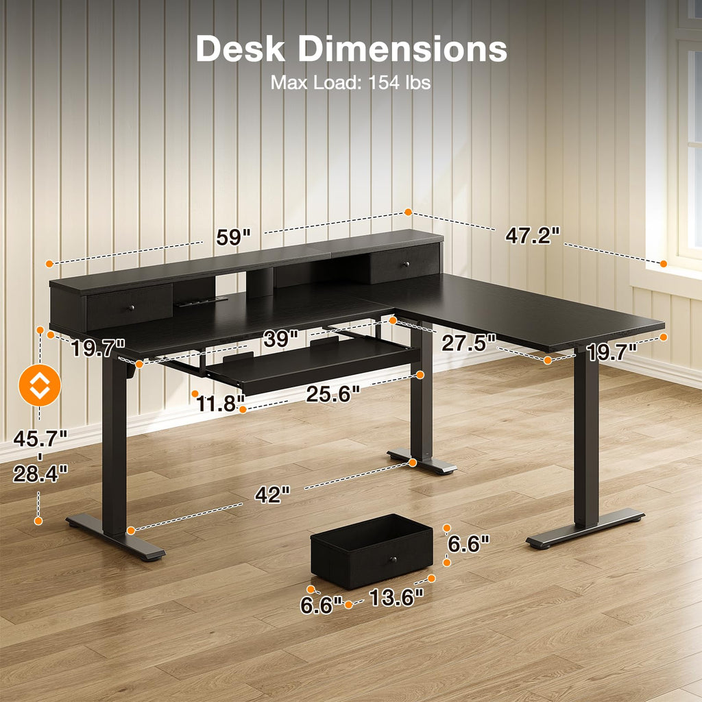 59" L Shaped Electric Standing Desk with Drawers, Black