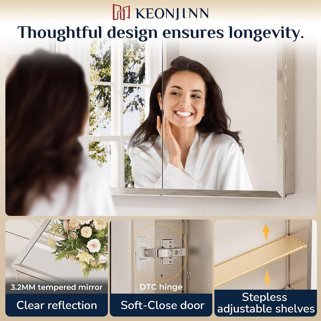 Bathroom Medicine Cabinet with Mirror 20 x 26 Inch, Brushed Nickel | Assembly Needed, Stepless Adjustable Shelves