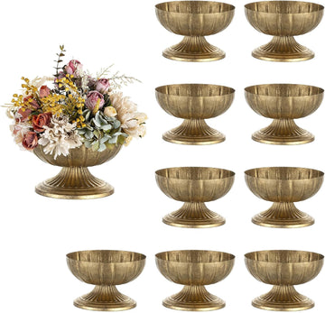 Gold Compote Vase for Centerpiece, 8.5" Wide Opening, 10 Pcs | Distressed Brass Urn, Short Pedestal Footed Bowl, for