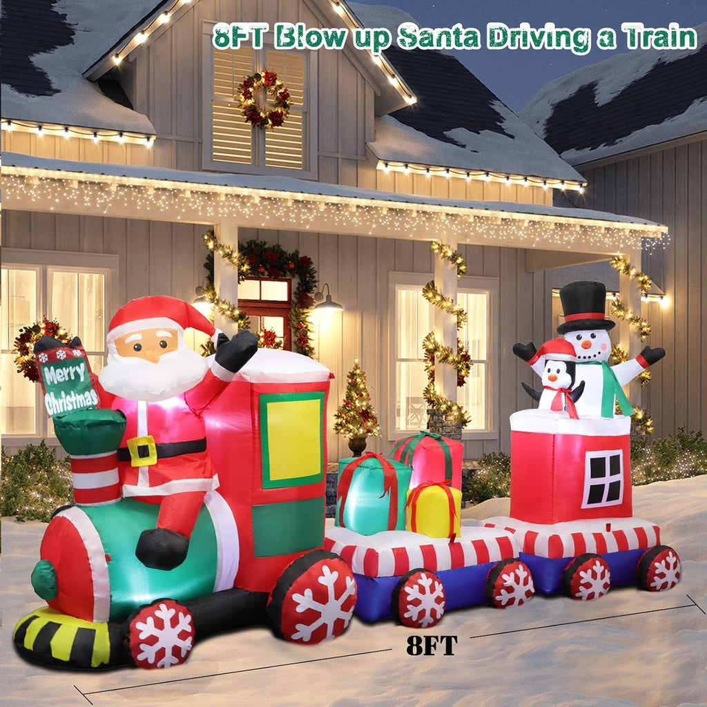 8 FT Christmas Inflatable Train with Santa, Snowman, Gift Boxes
