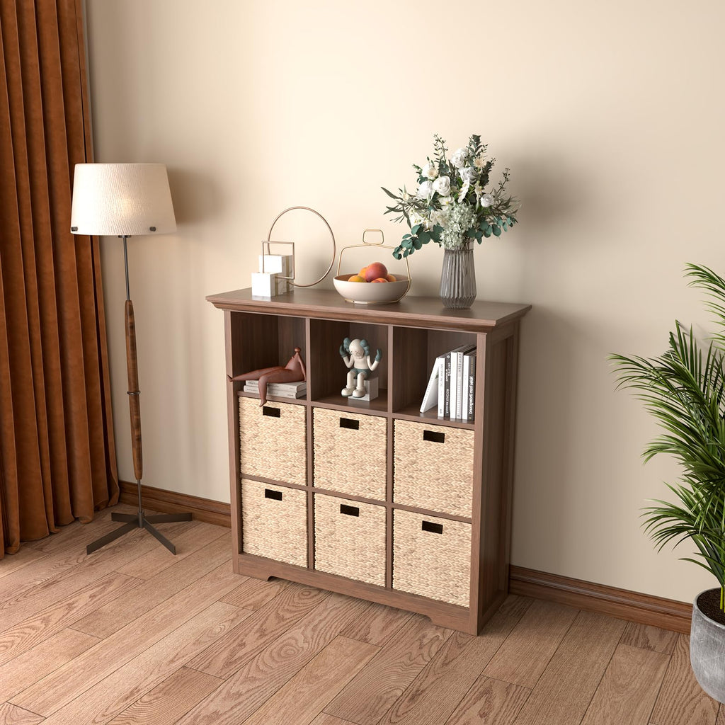 9-Cube Open Bookcase with Base, 3-Tier Wooden Bookshelf, Walnut