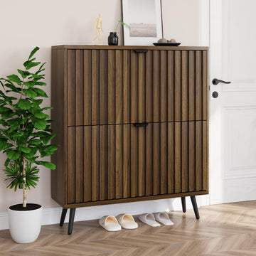 Shoe Cabinet with 2 Flip Drawers, 31.5" Walnut Hidden Shoe Storage Cabinet with Fluted Design, Freestanding Shoe