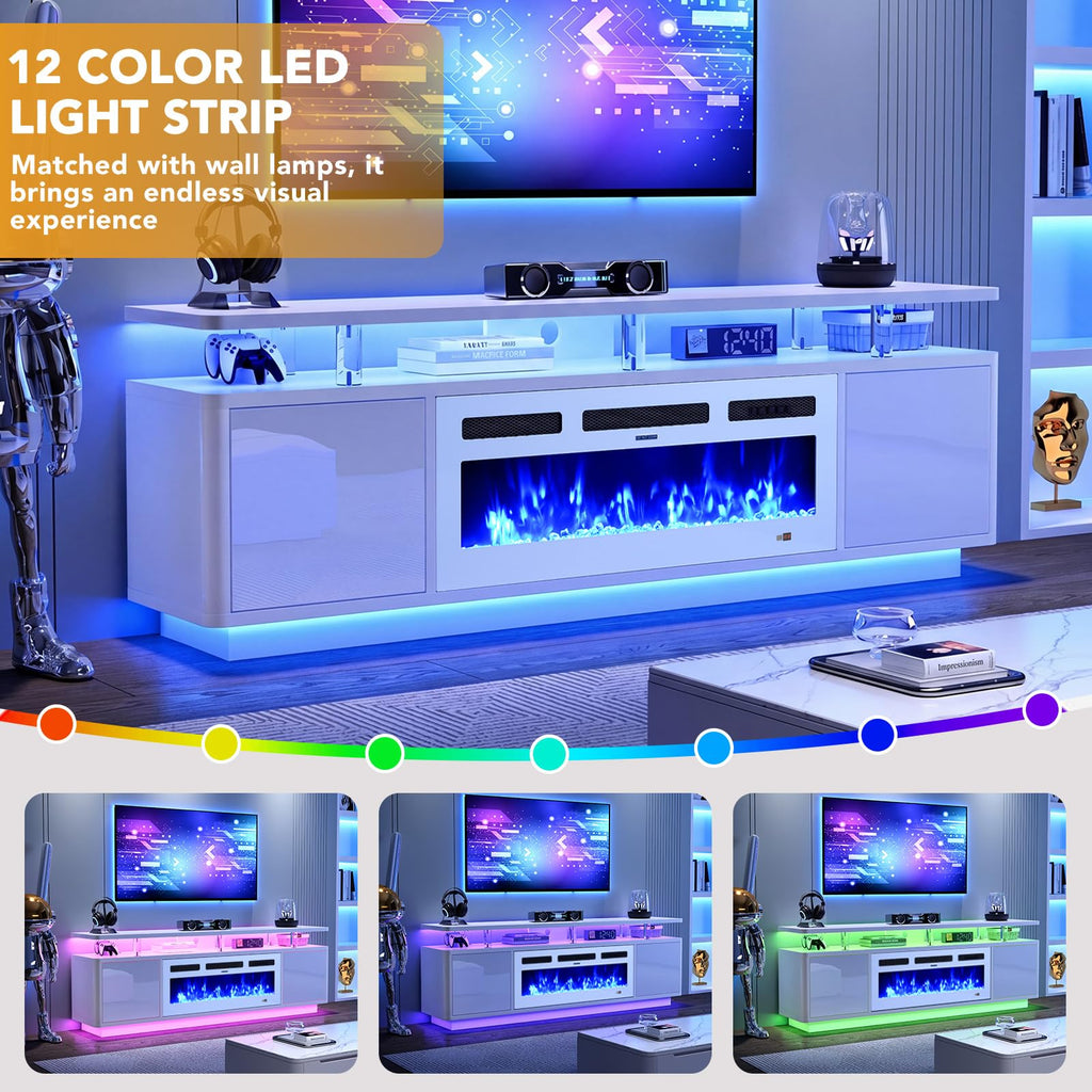 70", 36" Electric Fireplace with Adjustable Flames & Double LED Lights, Remote Control, Storage Cabinet with High