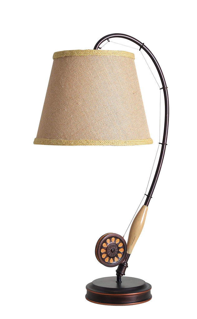 Fly Rod Table Lamp with Oil Rubbed Bronze w/Wood Accent Finish, Rustic Style, 27.5" Height, 12" Width, 14.5" Depth