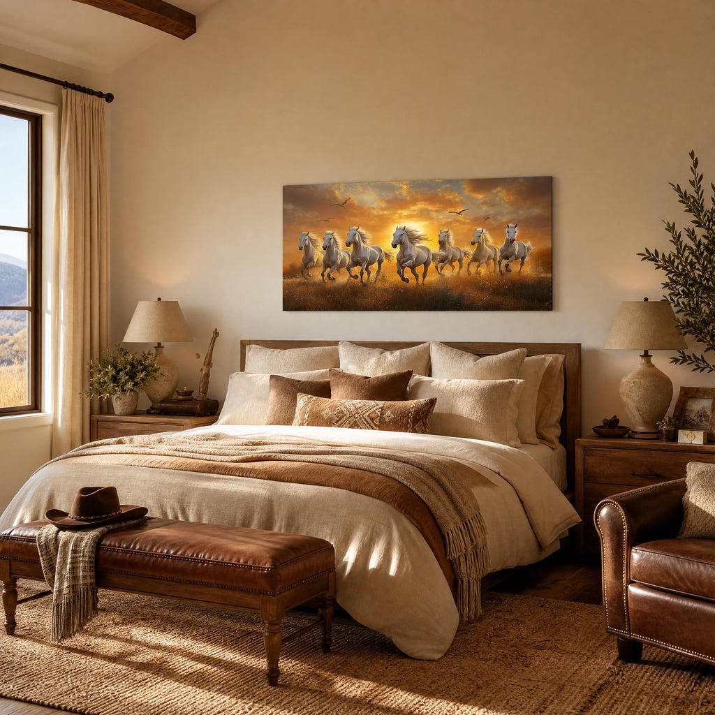 Sunrise Running Horses Canvas Wall Art Majestic White Stallions Galloping in Meadow Sunset Landscape Painting Print