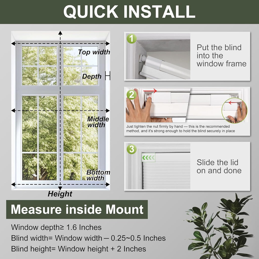 No Drill No Tools Blackout Cellular Shades,White | No Tools Honeycomb Blinds for Indoor Windows.Easy to