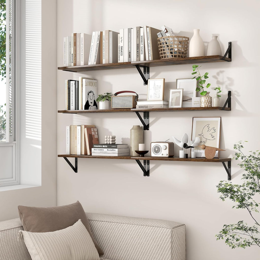 24 Inch Floating Shelves, 8 Inch Deep Brown Wall Shelves Set of 2 | 24'' x 8'' Rustic Brown Wood Shelves for