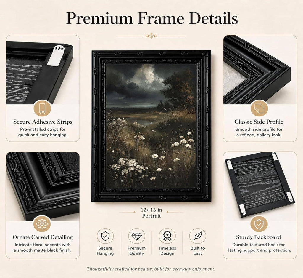 Dark Moody Landscape Framed Wall Art, Vintage Gothic Wildflower Meadow Canvas Print with Ornate Black Carved Frame