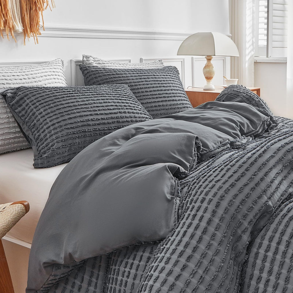 Dark Grey Boho Duvet Cover Set King Size, Tuft Texture, 3-Piece