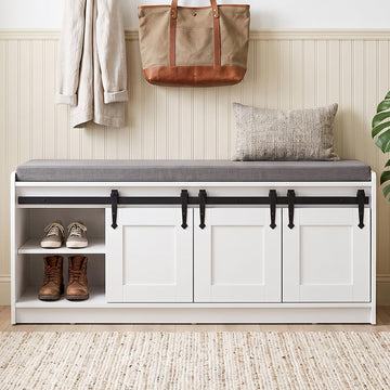 42" Farmhouse Entryway Shoe Storage Bench with Cushion, White, 2pc