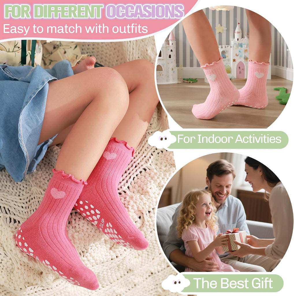 Baby Girls Toddlers Ruffle Grip Socks for Kids Non Slip Anti Skid Frilly Cute Funny Cotton Crew Socks 9 Pairs