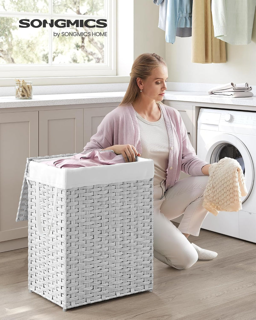 Laundry Hamper with Lid, 23.8 Gallon (90 L) Synthetic Rattan Clothes Laundry Basket with Lid and Handles, Foldable