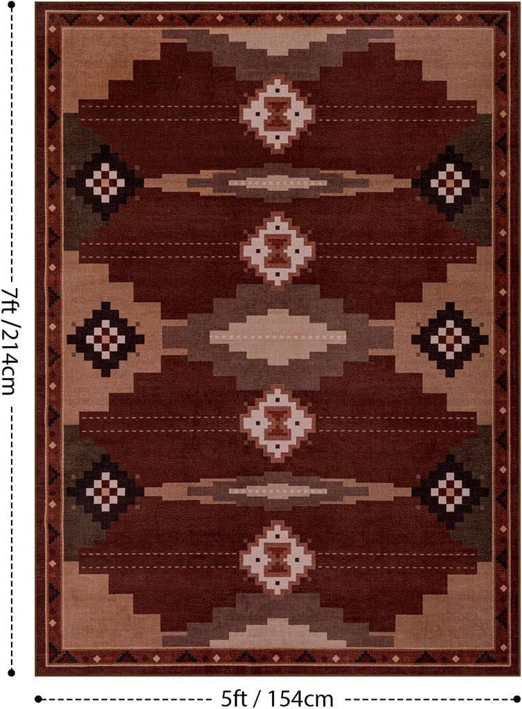 Washable Western Red Aztec Area Rug
