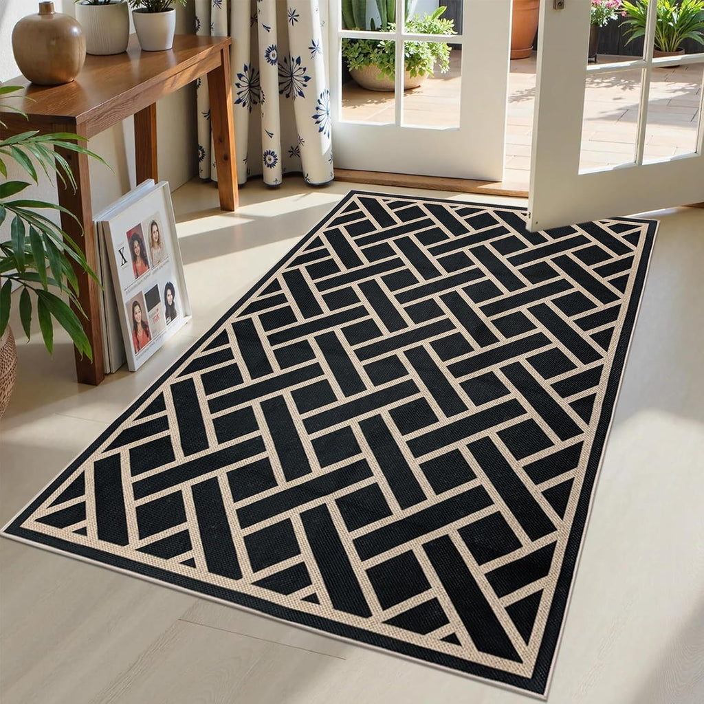 Easy Jute Outdoor Patio Rug Checkered Farmhouse Washable Rugs Indoor Outdoor Area Carpet Non Slip Black Living