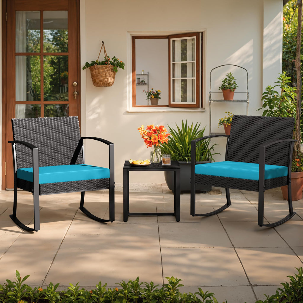 3 Piece Patio Furniture Set, All-Weather Imitation Rattan Conversation Set, Outdoor Rocking Chair Bistro Set with