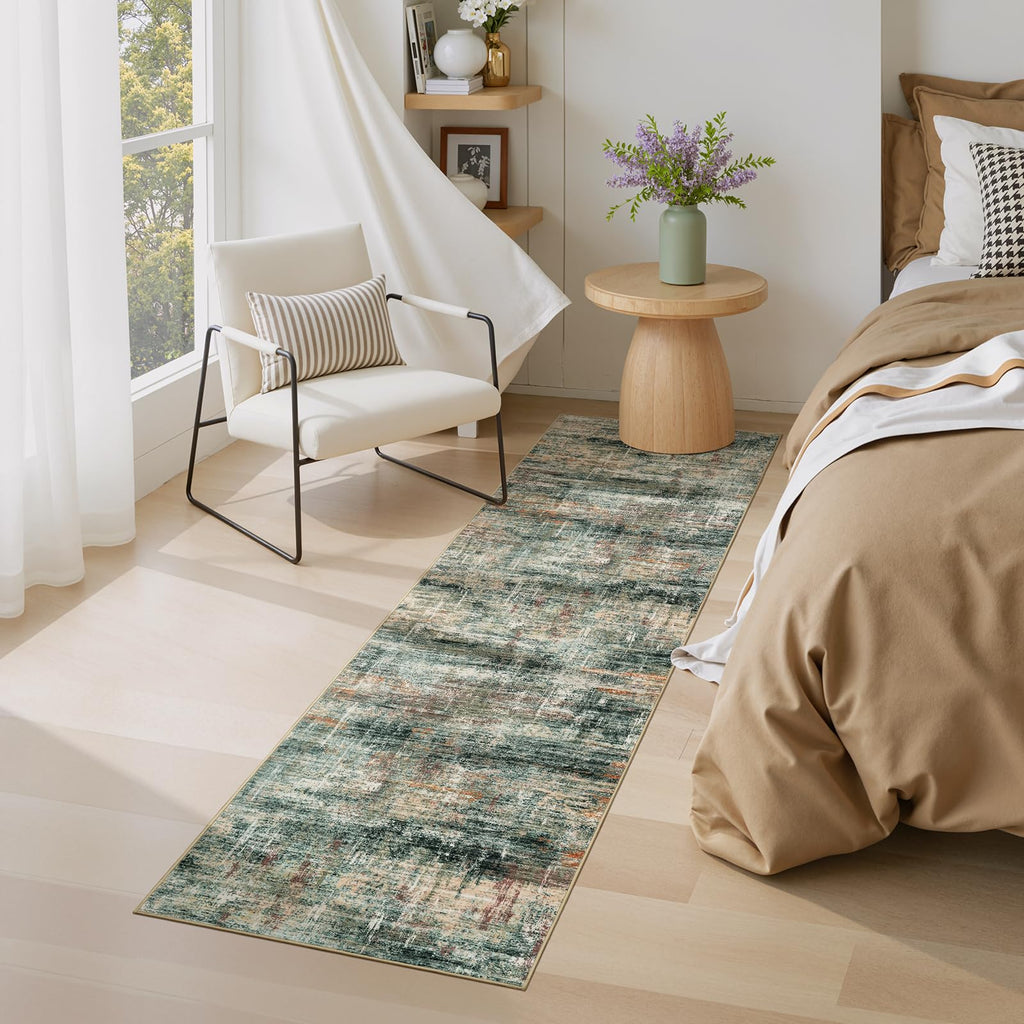 2x 10 Area Rug s, Abstract Washable Runner Rugs, Coffee/Green