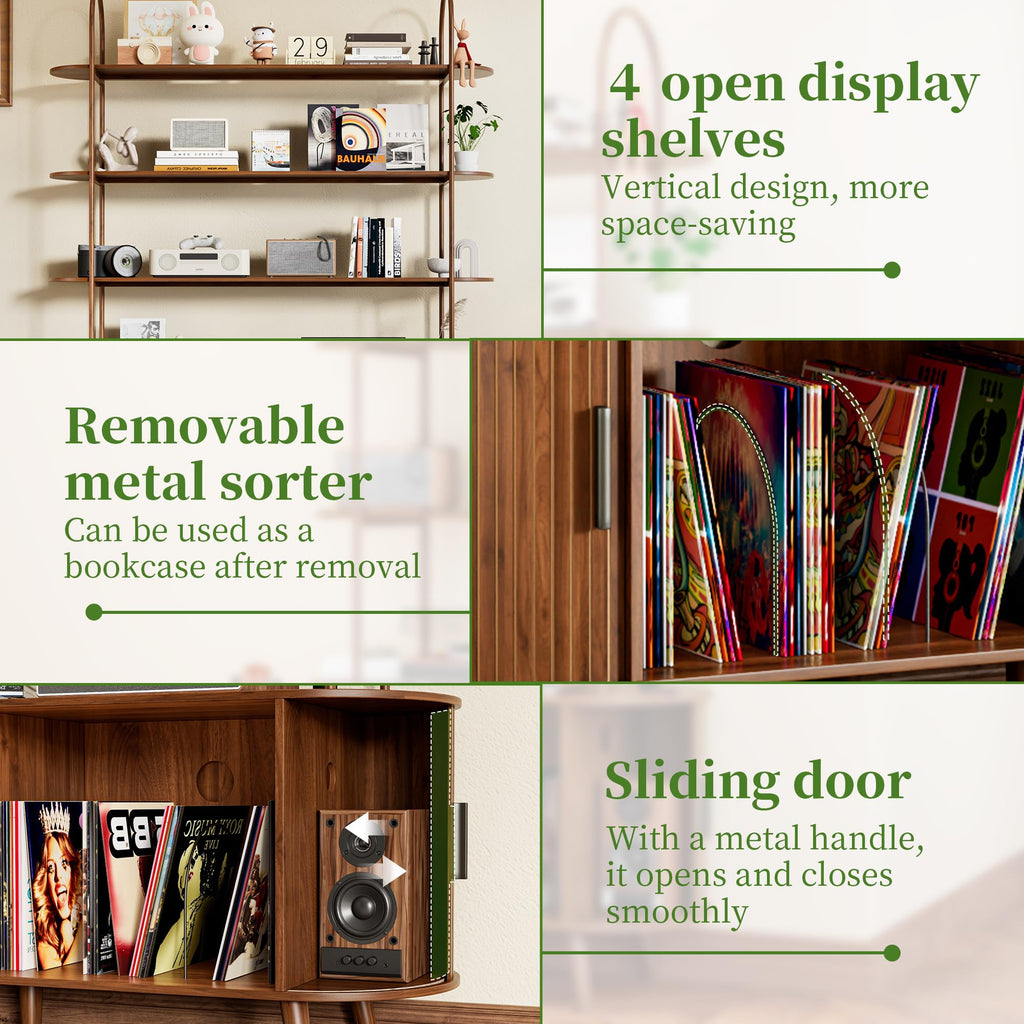 Tall Large Vinyl Record Player Stand, Fluted Long Record Storage Cabinet with Sliding Doors, Mid Century Modern