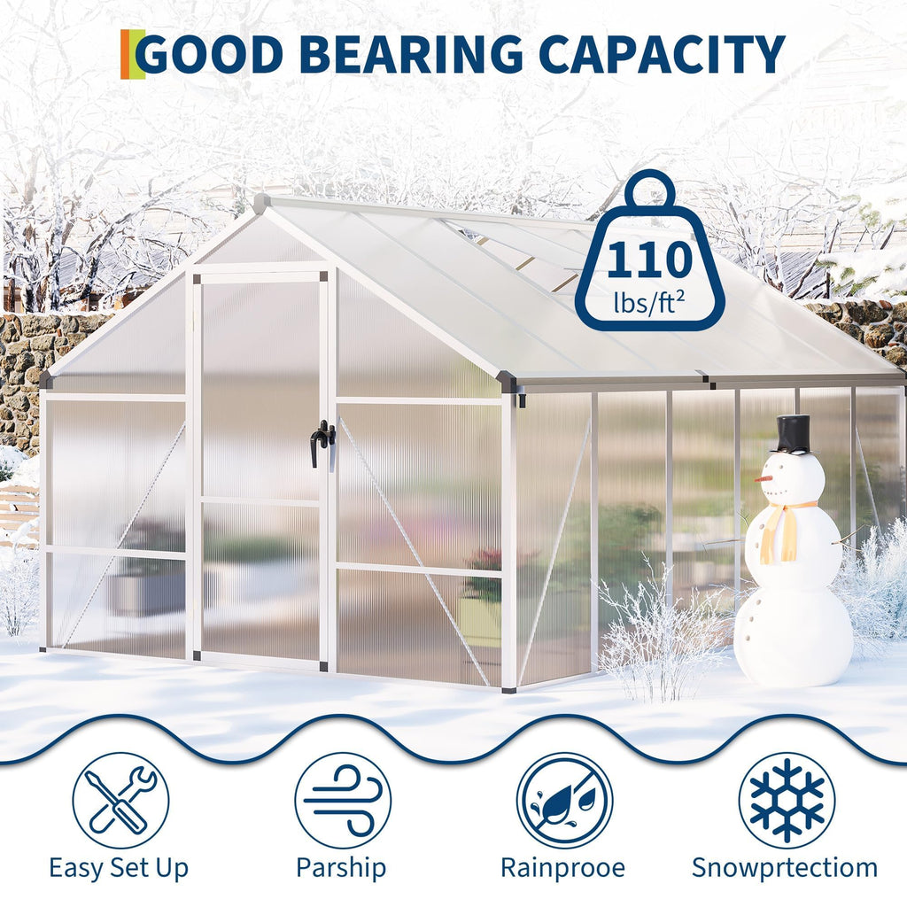8x12 FT Greenhouse for Outdoors, Polycarbonate Greenhouse with Roof Vent, Ground Nails, Lockable Push Door, Aluminum
