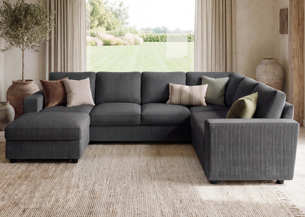 7 Seaters U Shape Corduroy Sectional Sofa, Dark Grey