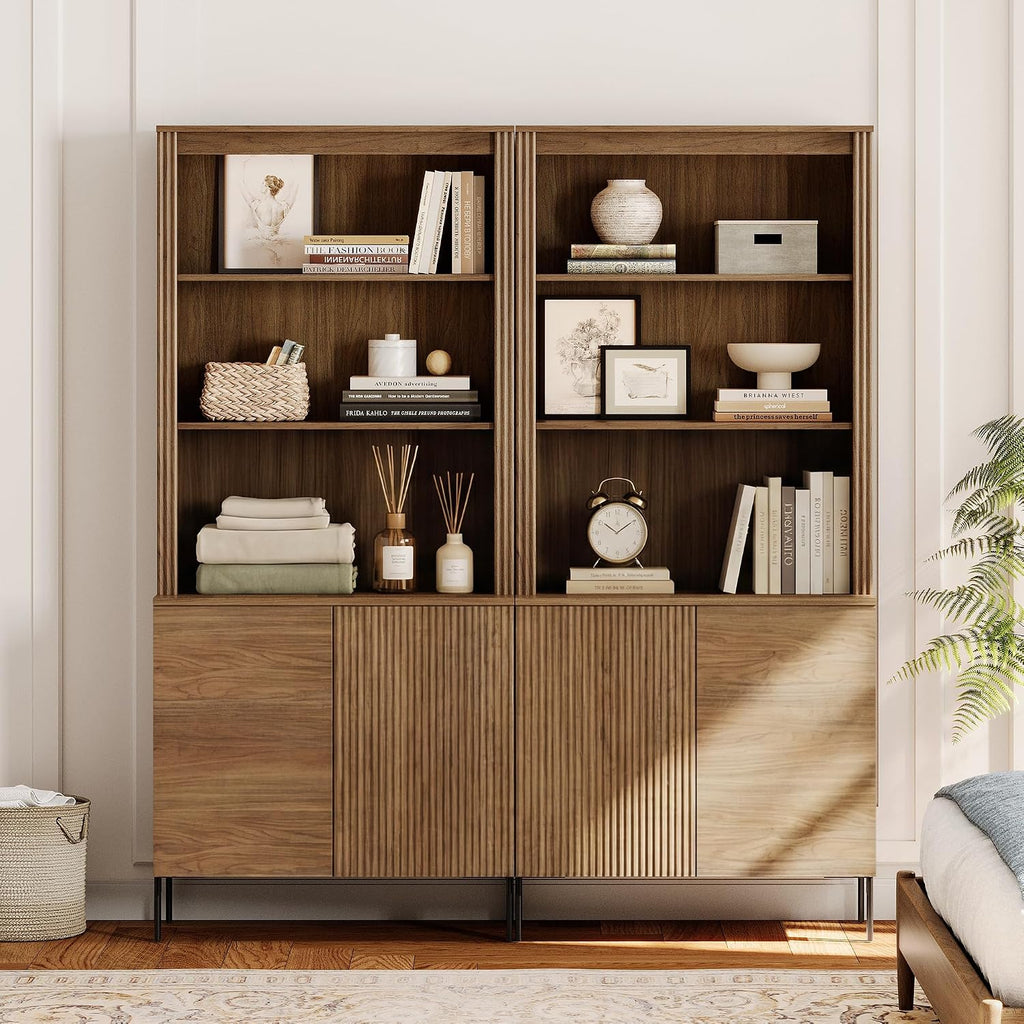 Modern 71.5" Tall Bookcase with 2 Doors, Fluted Bookcase with Storage and Adjustable Shelves, Wooden Storage Cabinet