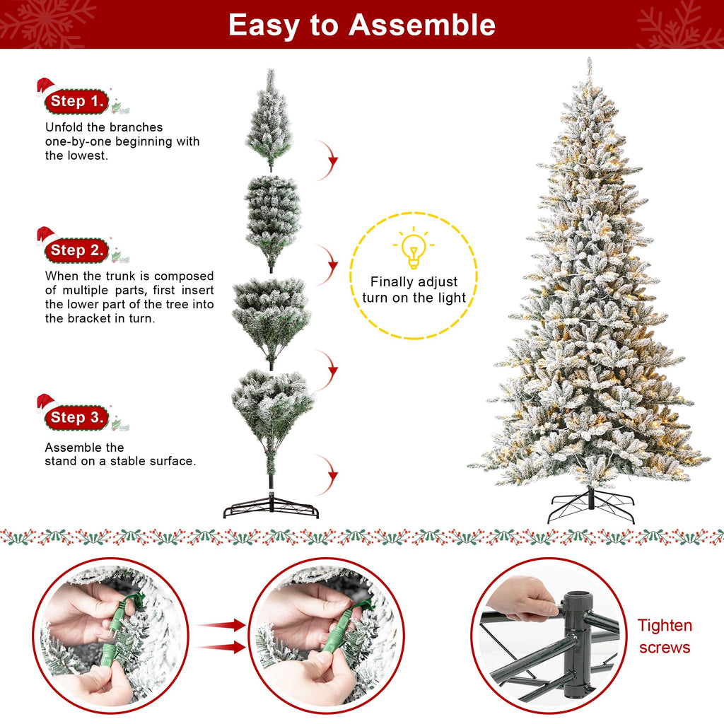 10ft Flocked Christmas Tree PreLit Full Artificial Christmas Tree with 750 Warm White Lights Large Snowfall Splendor