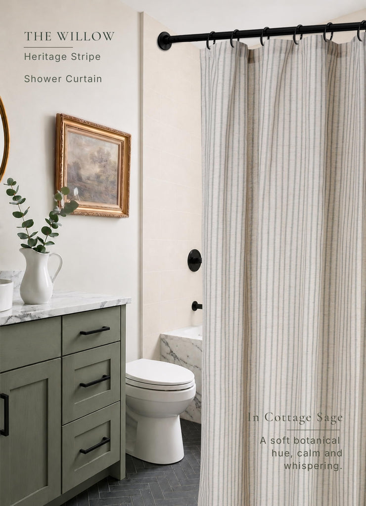 Farmhouse Striped - 72x72 Inches, Linen Blend Fabric, Breathable & Machine Washable, Rustic Sage Decor (Hooks/Liner