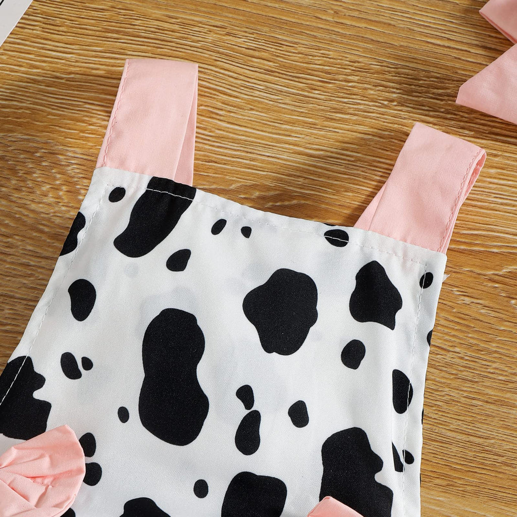 Girls Cow Print Romper Summer Sleeveless Backless Jumpsuit Ruffle Bowknot Tutu Dress Sunsuit with Headband Farm Cow
